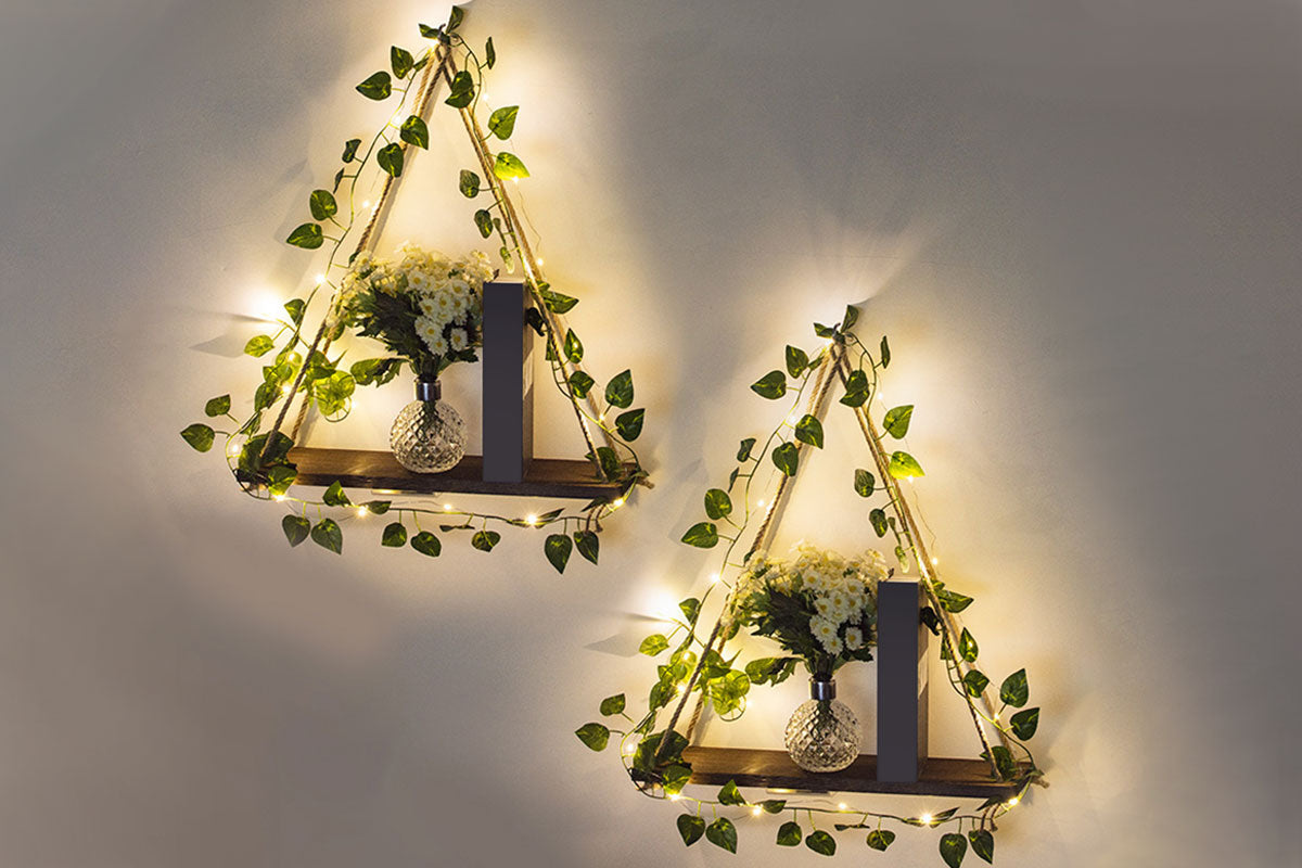 2Pcs Artificial Ivy LED Strip Wall Hanging Shelves Macrame Shelf For Bedroom