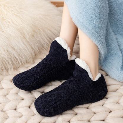 V Cut Faux Shearling Slipper Socks Non Slip Indoor Winter Socks-Black