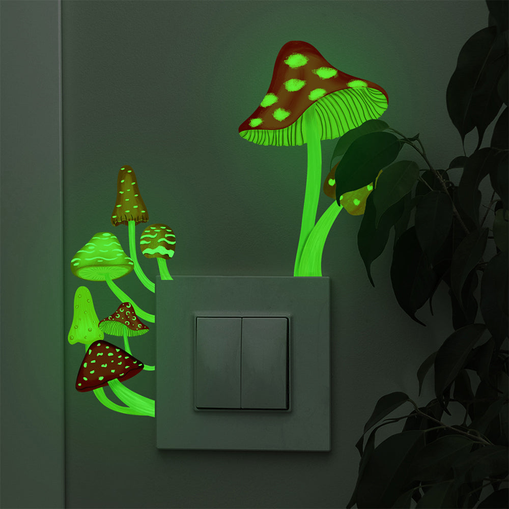 2Pcs Glow in The Dark Mushroom Wall Sticker Luminous Mushroom Light Switch Decals Red and Multicolour