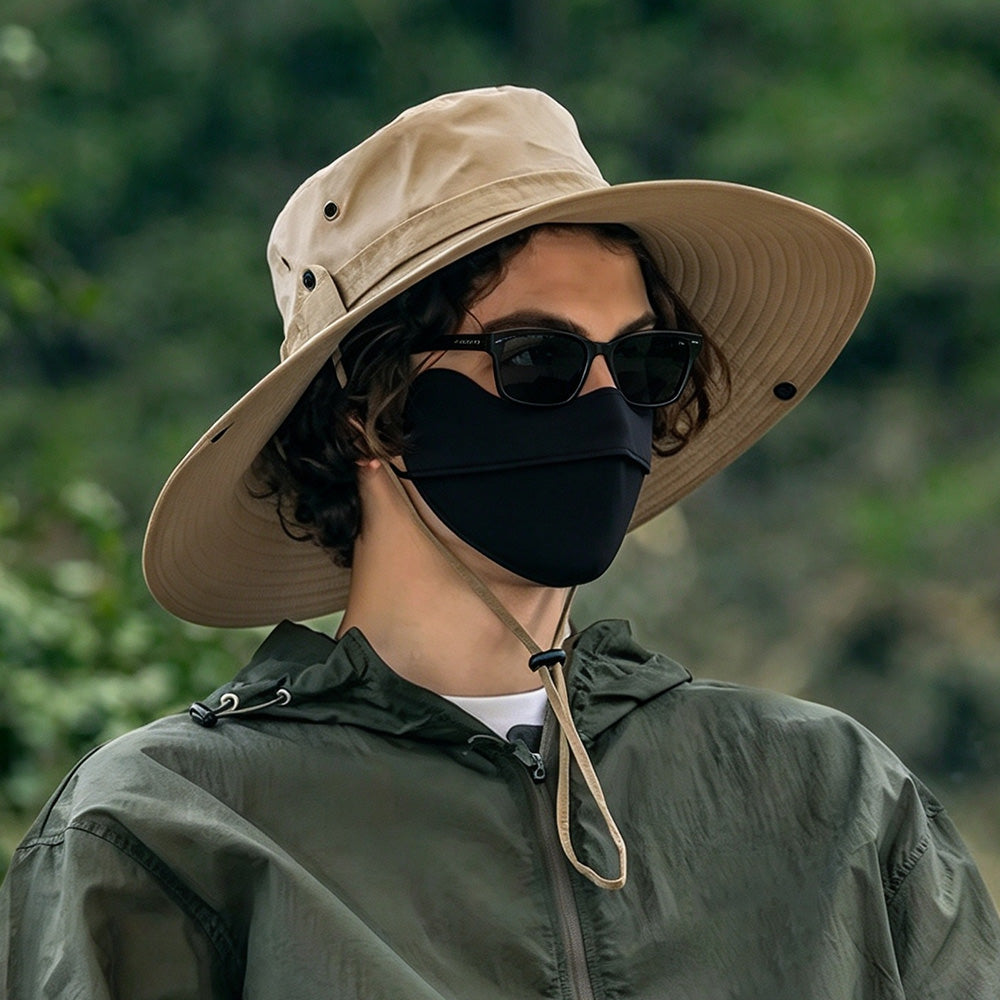 Wide Brim Boonie Hat Outdoor Sun Shade Hat with Chin Strap Khaki