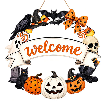 2 Pack Engineered Wood Halloween Ghost Pumpkin Hanging Door Signs - Welcome