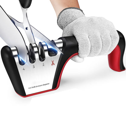 4 Stage Knife Sharpener Non Slip Base Kitchen Scissor Sharpener - Red