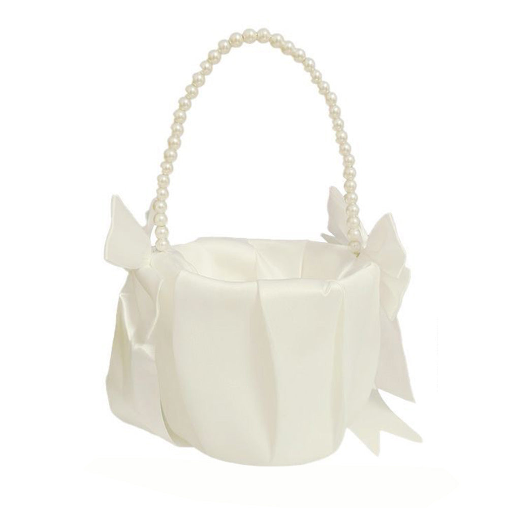 Wedding Flower Girl Basket ¨C Pearl Handle with Bowknot Satin Ribbon