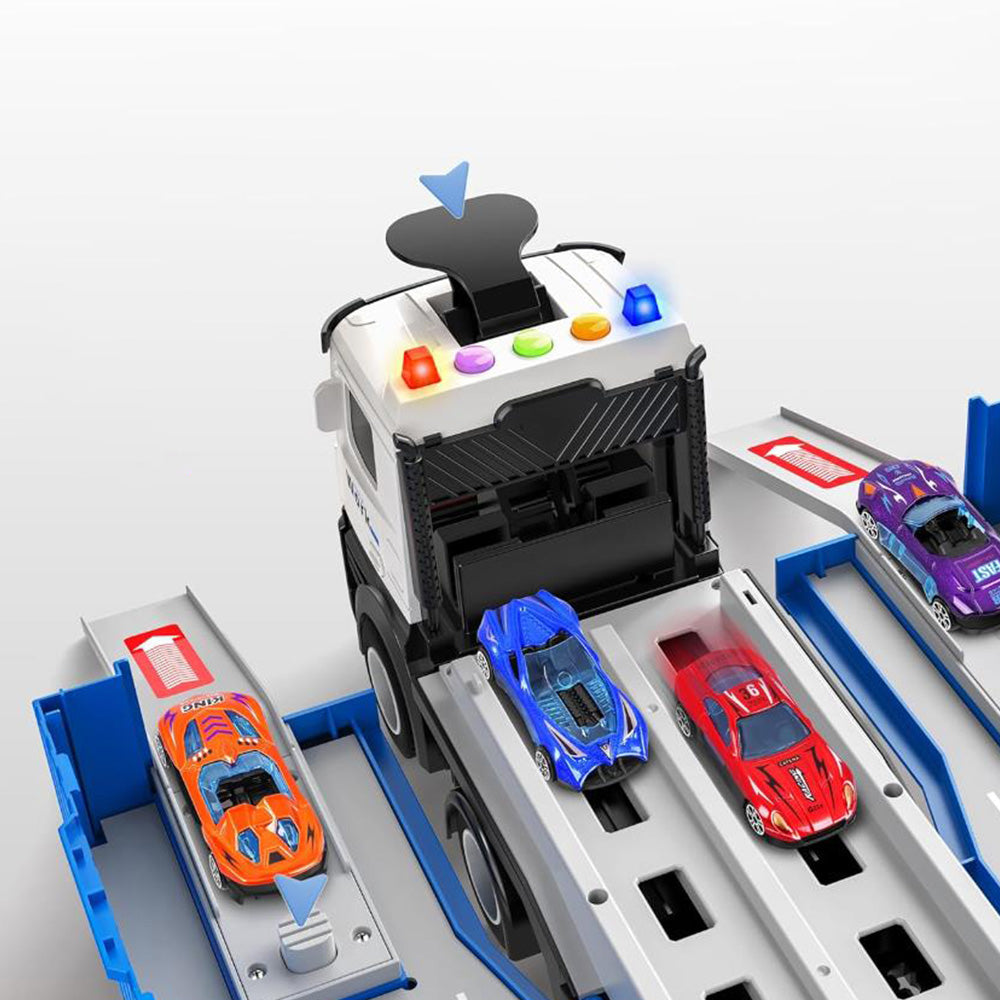 Transform Carrier Truck Race Track Toys with 8 Mini Race Cars Blue