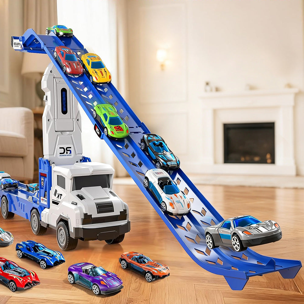 Large Dual Track Transporter Truck Toy Set with 6 Alloy Racing Cars - Blue
