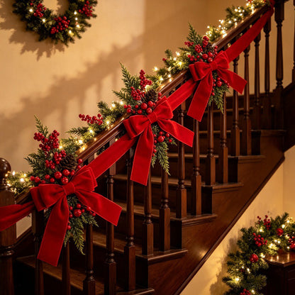 3 Piece Christmas Velvet Bow Ribbon Teardrop Swags for Door and Mantel - Red