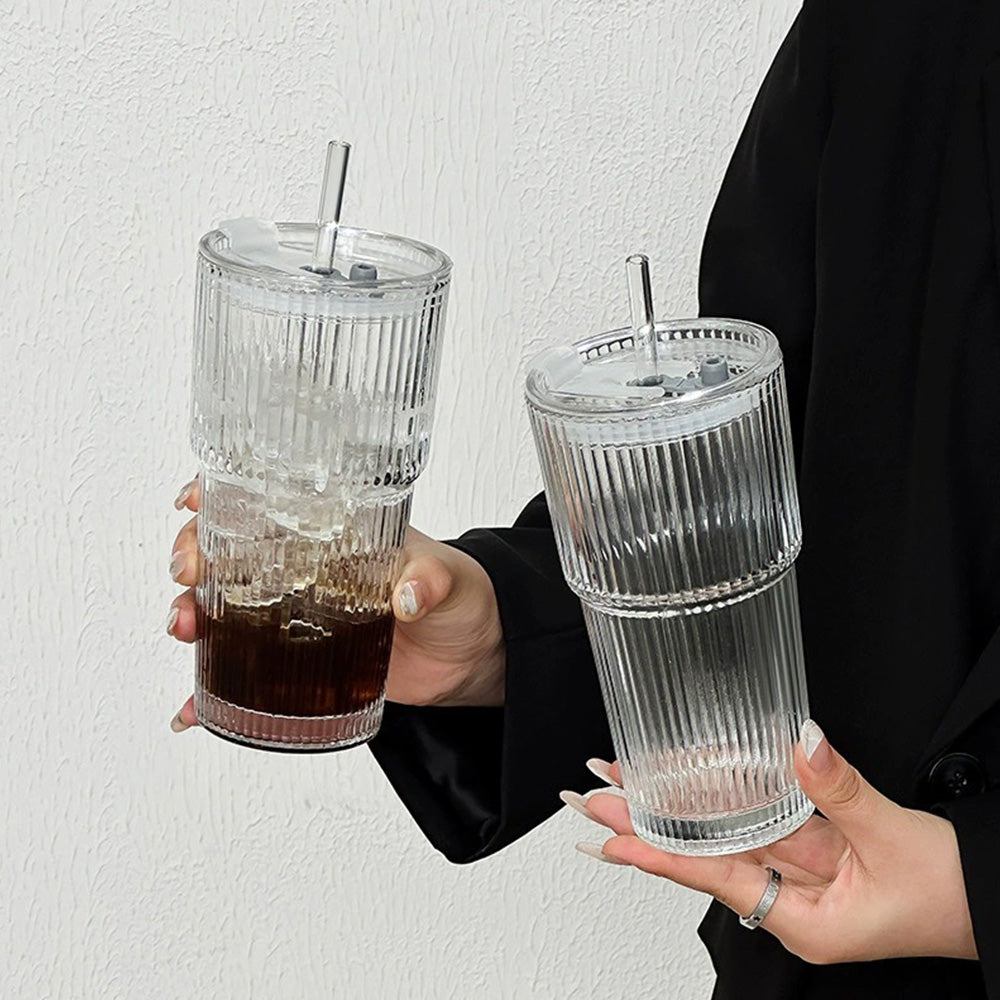Iced Coffee Cups with Lid Ribbed Glass Tumbler with Straw Leak Proof Reusable for To Go