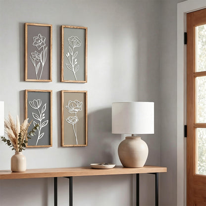 4 Piece Set Wood Frame Floral Hollow Out Wall Art