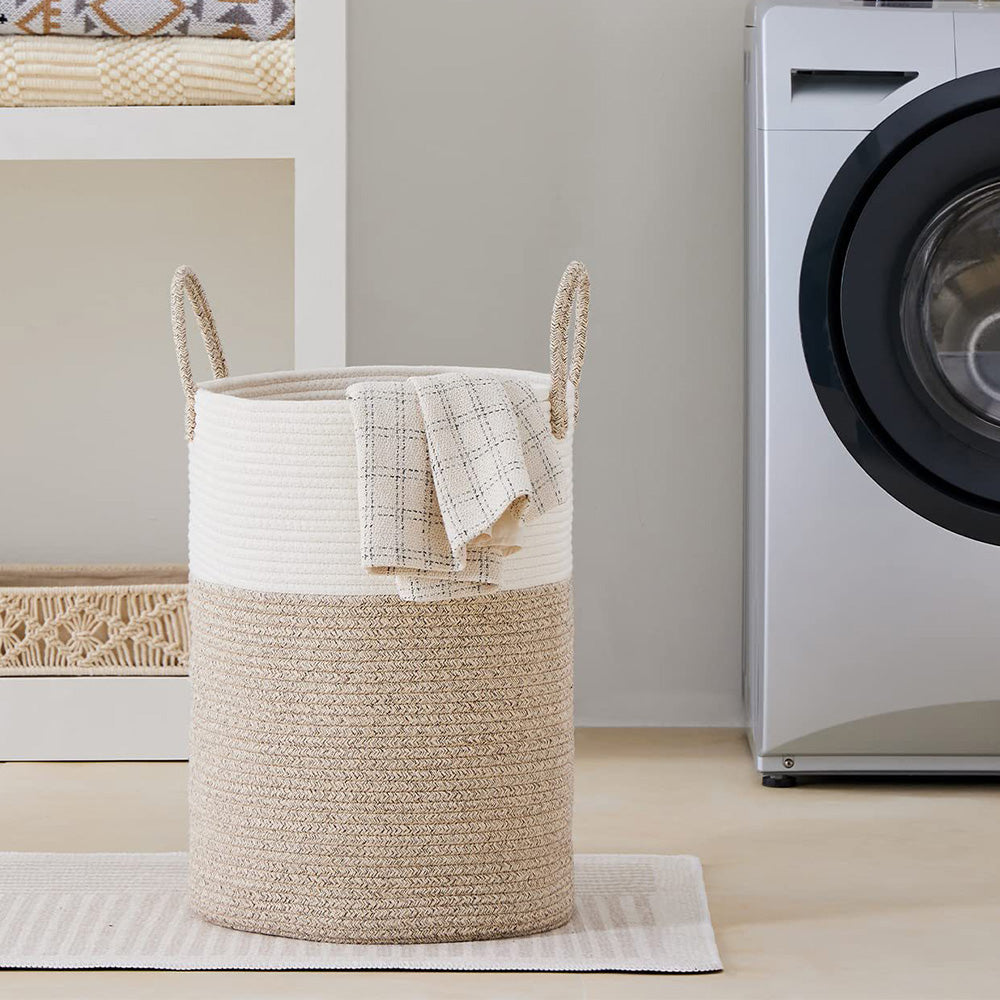 Large Woven Laundry Basket Cotton Rope Hamper for Laundry Toys & Blankets-Brown