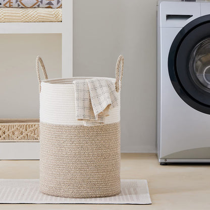 Large Woven Laundry Basket Cotton Rope Hamper for Laundry Toys & Blankets-Brown
