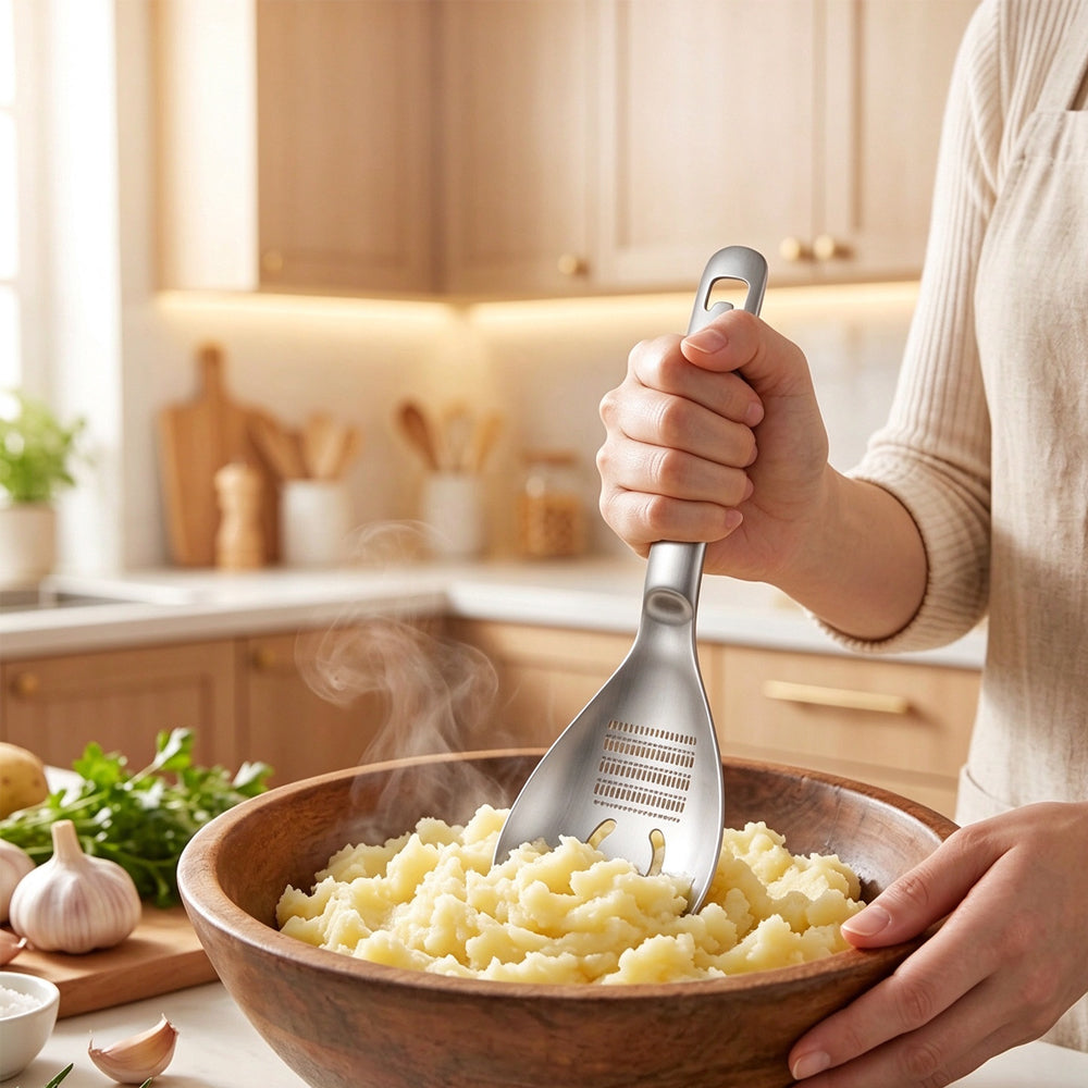 2 Pack 5 in 1 Stainless Steel Slotted Spoon Garlic Masher Cooking Grater Spoon