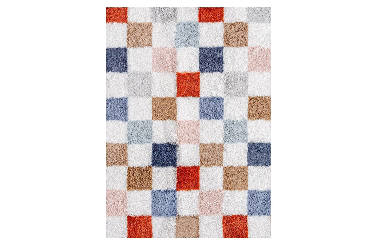 Checkered Plush Shaggy Rug Non Slip Carpet - Milticolor