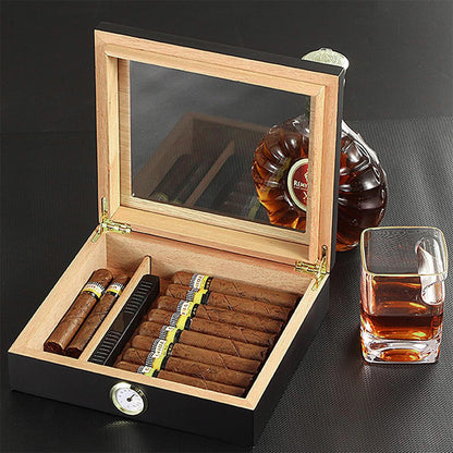 For 10 Cigars Cigar Humidor Desktop Box with Humidifier and Hygrometer Black