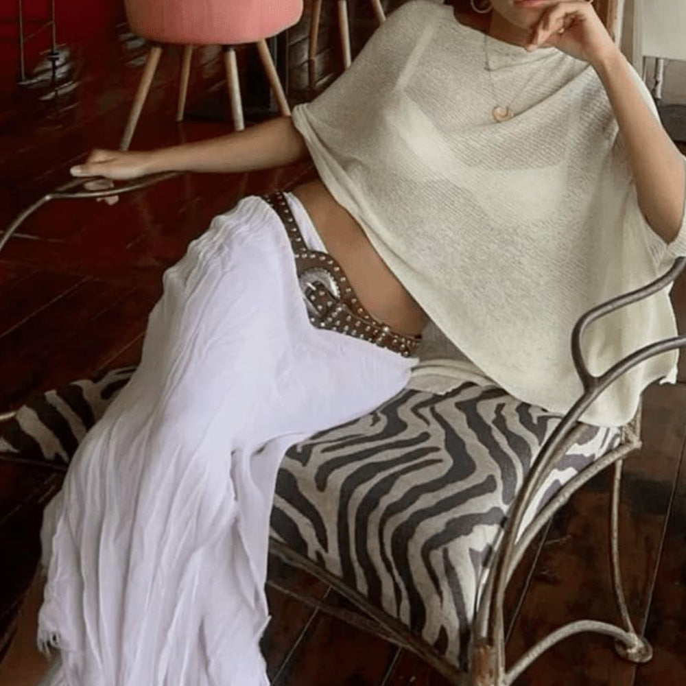 Summer Irregular Sheer Poncho Shawl Beach Cover Up - Beige