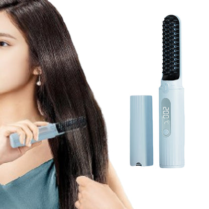 Portable Cordless Electric Hair Straightener Brush USB Rechargeable Heated Comb-Blue