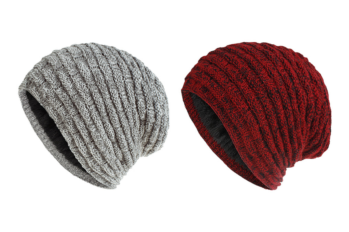 2Pcs Men Women Unisex Winter Warm Fleece Lined Slouchy Knit Beanie Hat-Grey And Red