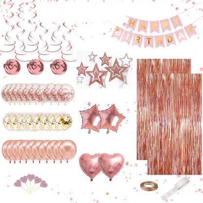 Rose Gold Happy Birthday Party Decorations Set Banner Foil Balloons Curtain Backdrop for Women Girls