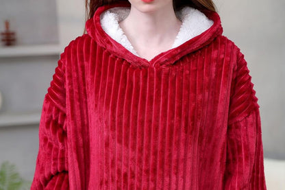 Wearable Blanket Sweatshirt for Women and Men Thick Flannel Hooded Sweatshirt Loungewear -Wine Red