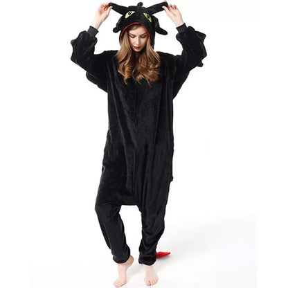 Adult Onesie Hoodie Animal Costume Pajamas Winter One-Piece Cosplay Sleepwear Black