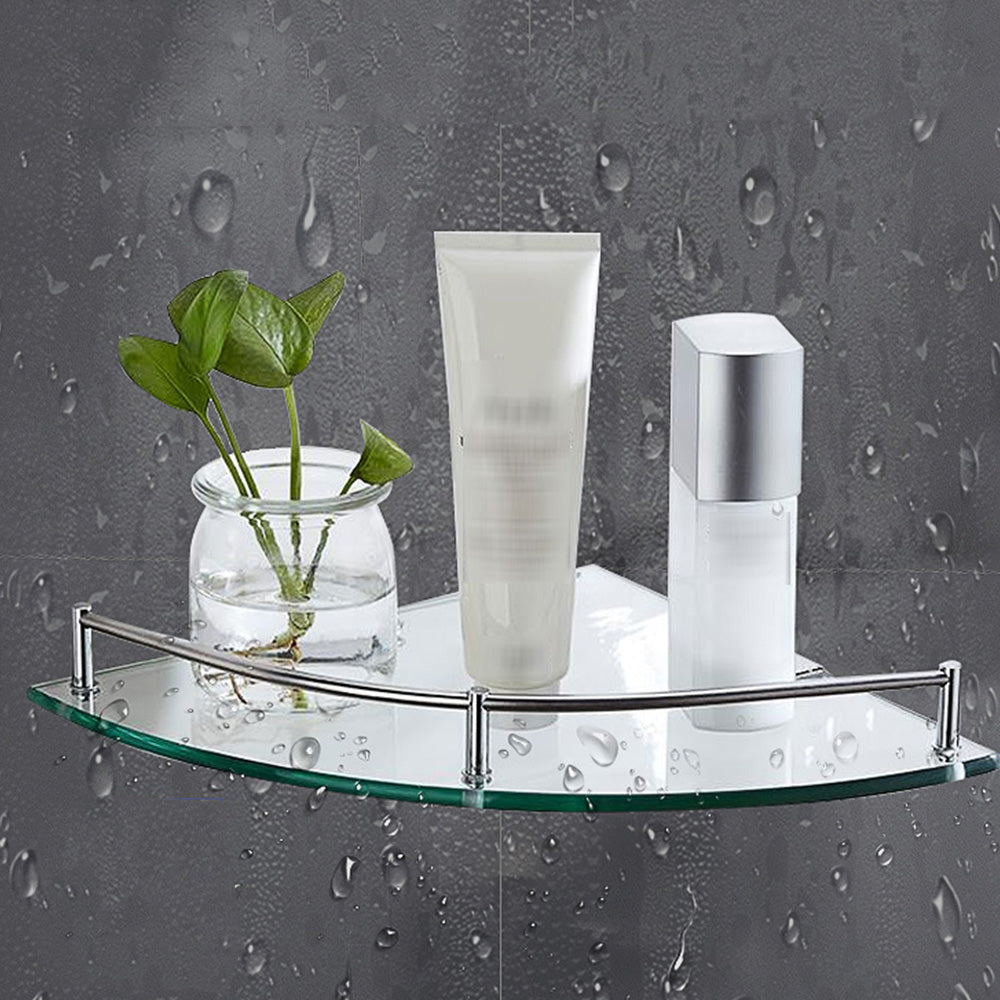 Glass Corner Bathroom Shelf with Stainless Steel Guard Rail