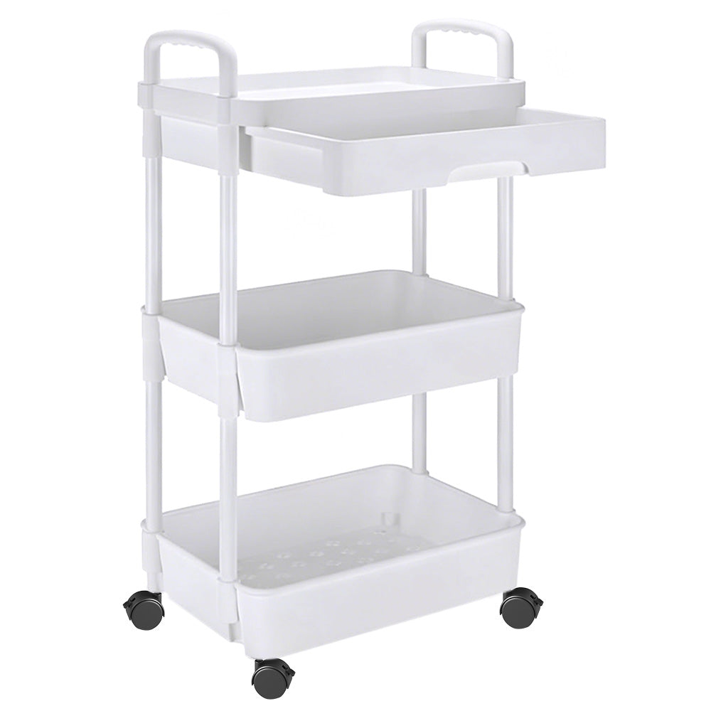 3 Tier Rolling Utility Cart with Removable Drawer for Kitchen Snack Craft-White