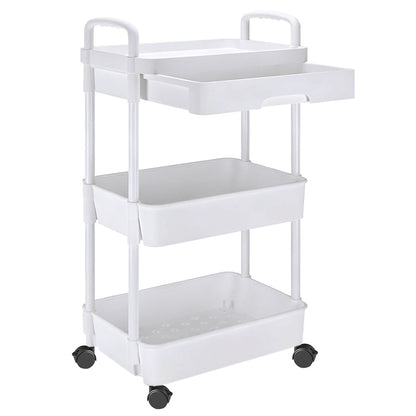 3 Tier Rolling Utility Cart with Removable Drawer for Kitchen Snack Craft-White