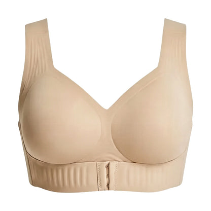 Wireless Front Closure Seamless Full Coverage Cross Back Bra - Nude