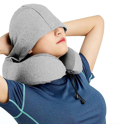 Travel Neck Pillow Hooded U Shaped Neck Cushion for Airplane Car Rest Light Gray