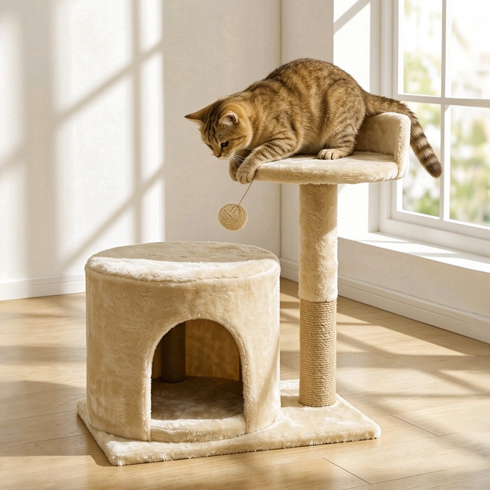 Small Cat Tree Tower with Enclosed Condo Scratching Post and Hanging Toy - Beige