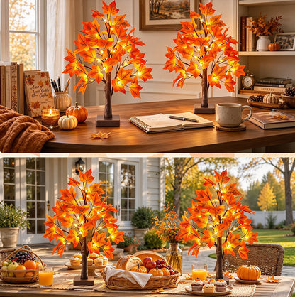 2 Piece 24 LED Lighted Artificial Maple Tree Thanksgiving Table Decor