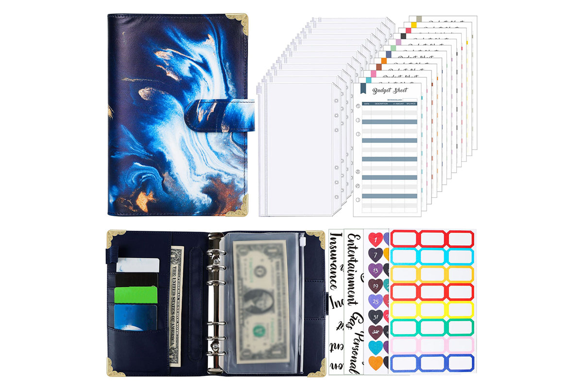 PU Leather Binder Money Organizer Cash Envelopes With 12 Zipper-Dark blue