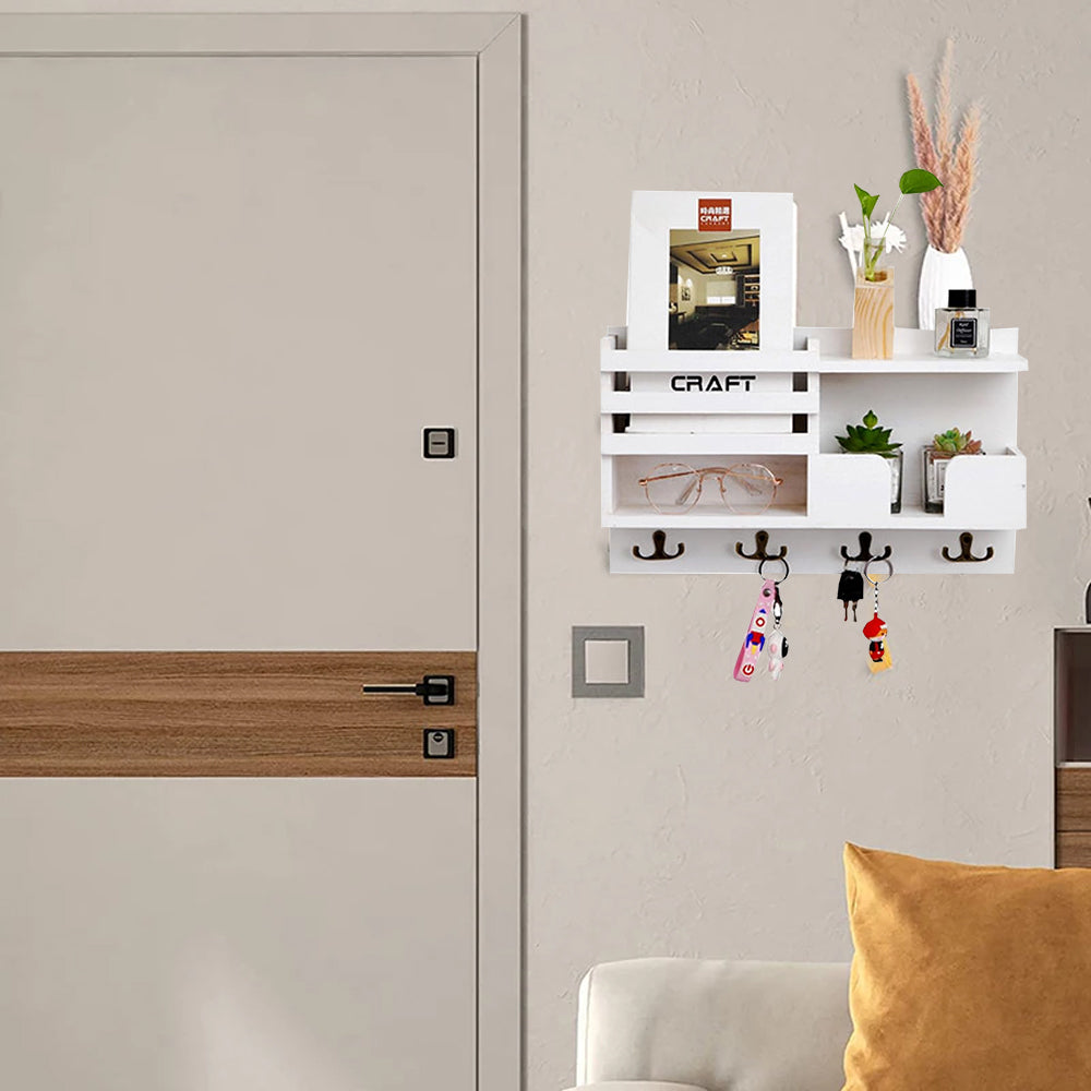 Multi-Purpose Key and Mail Holder Wall Mount Mail Organizer with 4 Hooks White
