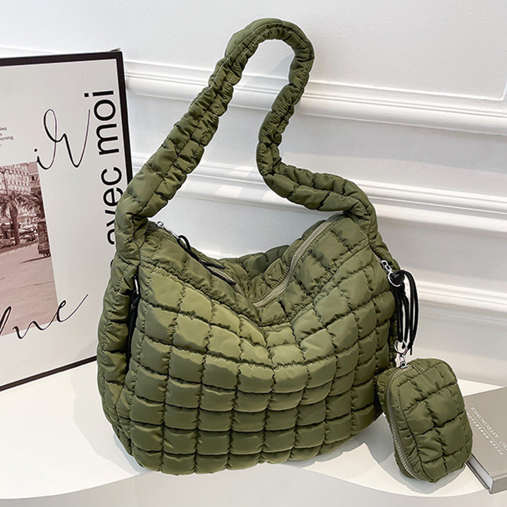 Puffer Tote Bag Quilted Puffy Crossbody Carryall Handbag Army Green