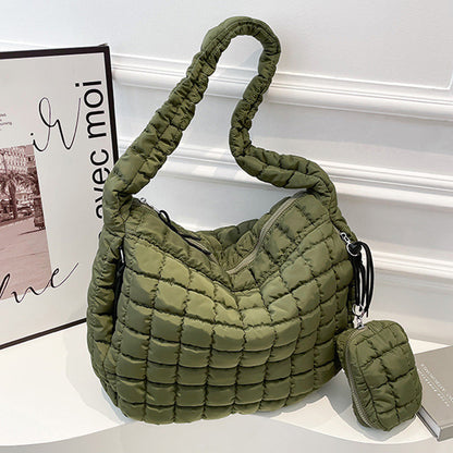 Puffer Tote Bag Quilted Puffy Crossbody Carryall Handbag Army Green