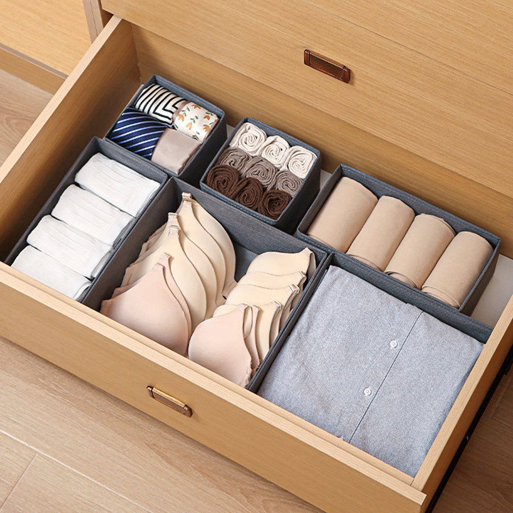 6Pcs Foldable Drawer Organiser Set Underwear Bra Sock Storage Boxes Gray