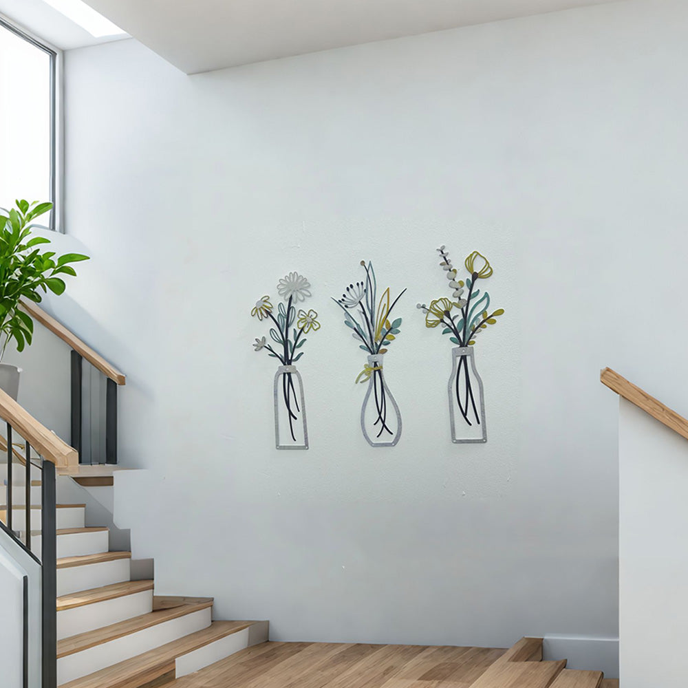 3Pcs Set Metal Flowers Wall Arts Minimalist Wall-Mount Flower Decors for Home Office Colorful