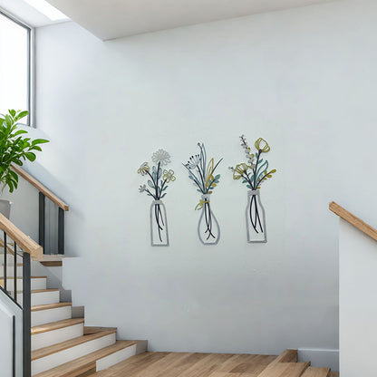3Pcs Set Metal Flowers Wall Arts Minimalist Wall-Mount Flower Decors for Home Office Colorful