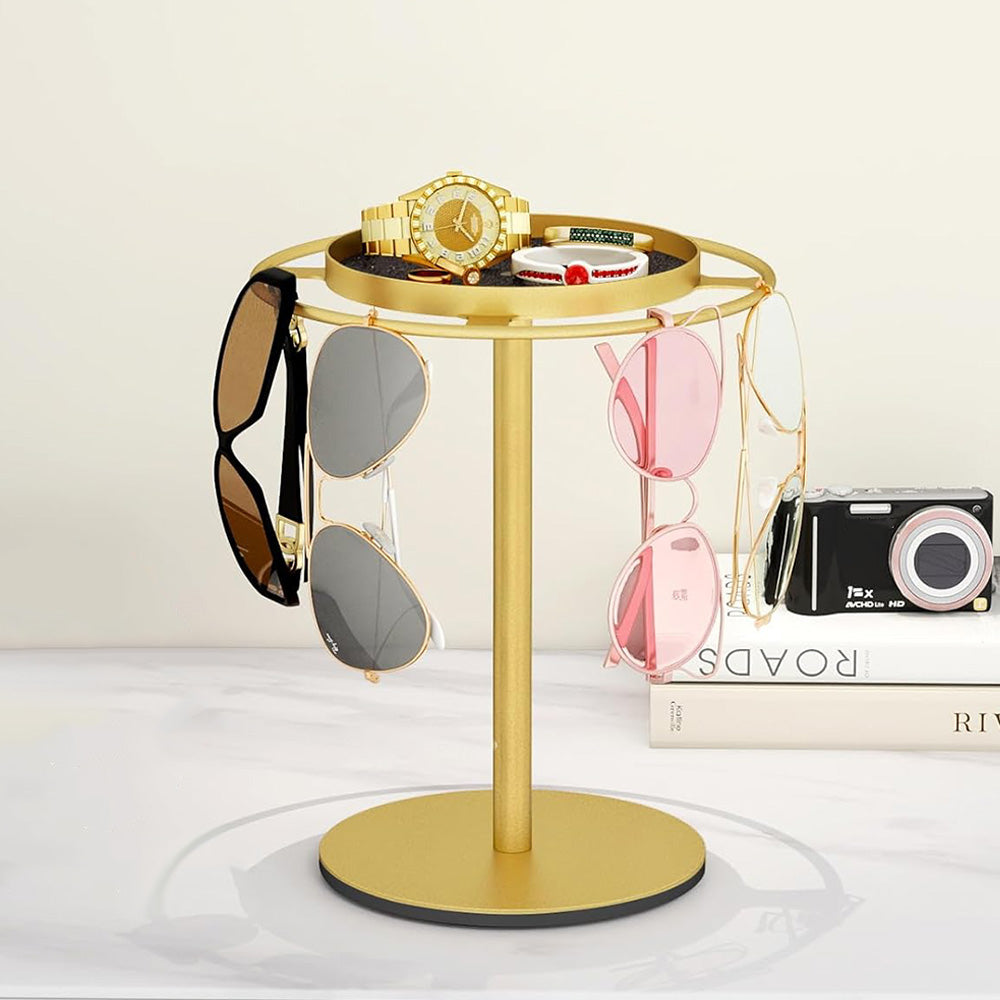 Metal Sunglass Display Organizer Glasses Storage Holder Stand with Tray for Desk Dresser Tabletop Gold