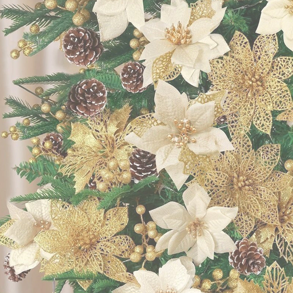 24Pcs Artificial Flowers Christmas Tree Ornaments for Wreath Fireplace Stairs Decor Gold