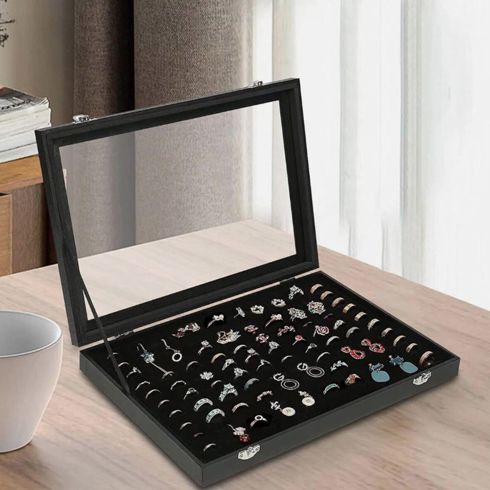 100 Slots Jewelry Ring Display Organizer Box with Glass Lid ¨C Earring and Ring Storage Tray