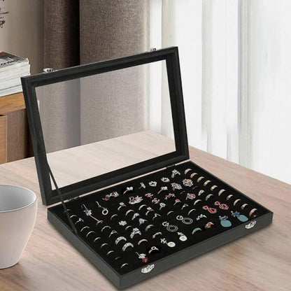 100 Slots Jewelry Ring Display Organizer Box with Glass Lid ¨C Earring and Ring Storage Tray