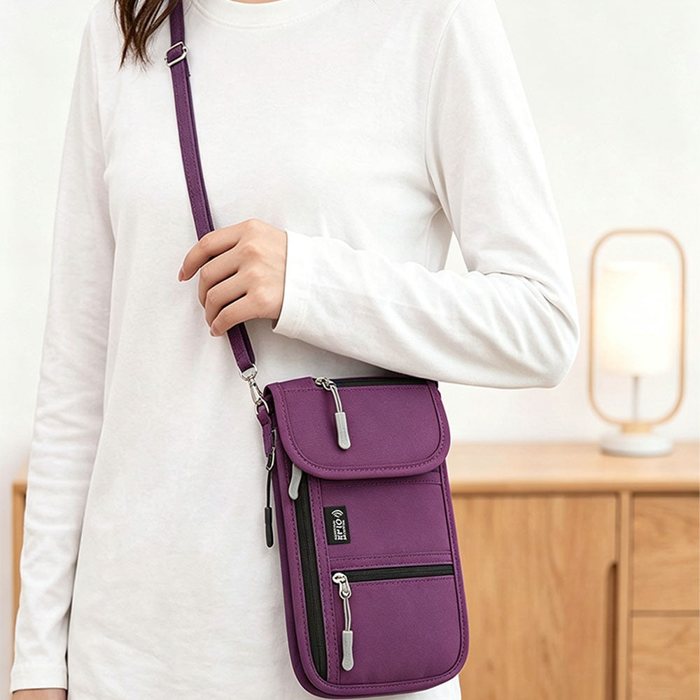RFID Lined Travel Passport Holder Neck Wallet -Purple