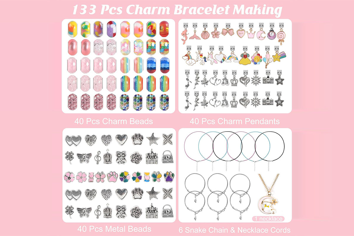 133Pcs Charm Bracelet Making Kit for Girls with Jewelry Box DIY Beaded Jewelry Making Kit Christmas Gift-Rainbow and Pink