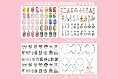 133Pcs Charm Bracelet Making Kit for Girls with Jewelry Box DIY Beaded Jewelry Making Kit Christmas Gift-Rainbow and Pink