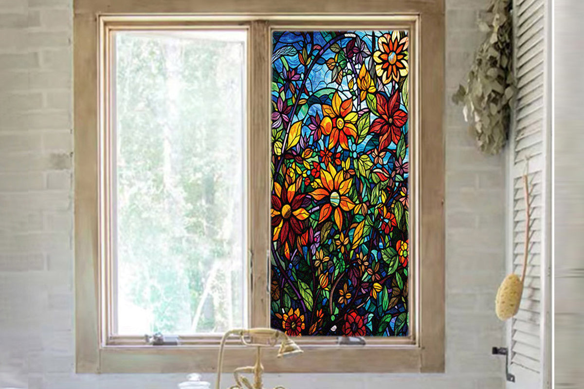 2Pcs Static Cling Windows Film Frosted Stained Glass Stickers Flower Decor