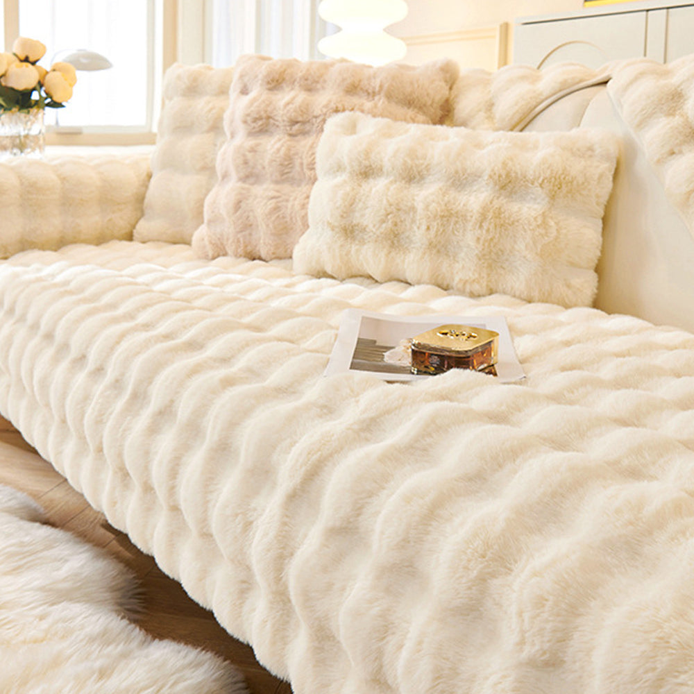 Fuzzy Couch Seat Cover Non Slip Plush Sofa Seat Cover Sofa Furniture Protector Beige