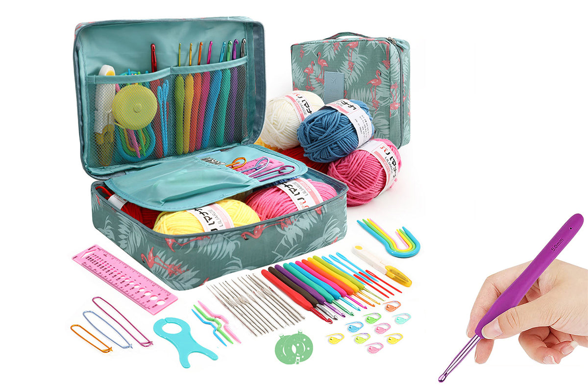 58Pcs Crochet Kit Yarn and Knitting Accessories Set with Storage Bag for Beginners-Flamingo