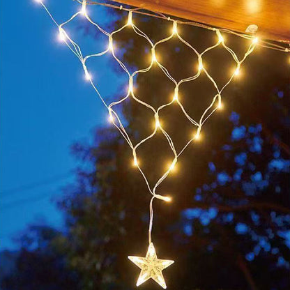 Solar Powered Star String Lights Outdoor Hanging Net Mesh Fairy Lights Warm Light