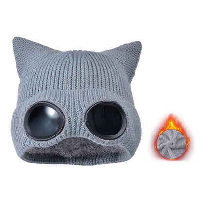 Double Layer Knit Winter Beanie with Goggles - Grey