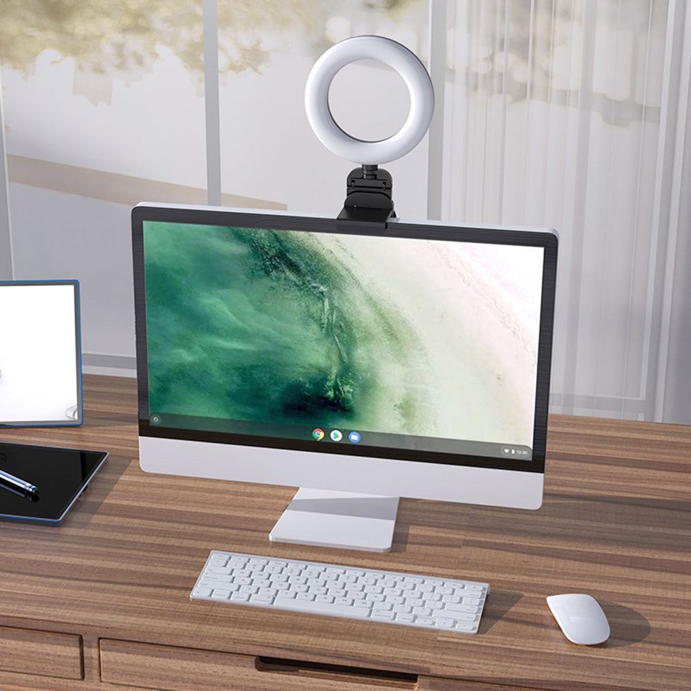 180 Degrees Rotating Clip On Ring Light for Laptop Desk Dimmable LED Selfie Light for Meeting Video Call Recording